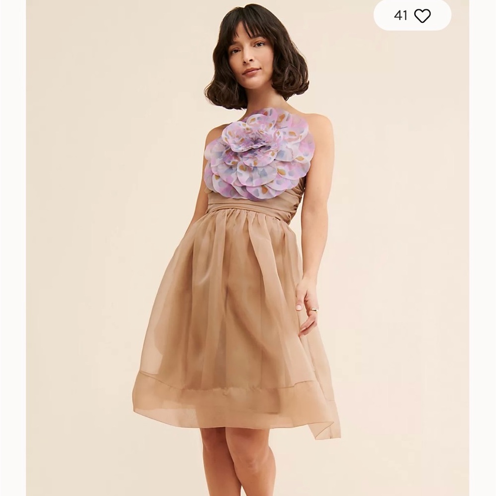 Cynthia Rowley Strapless Taupe Dress with Lavender Floral Appliqué